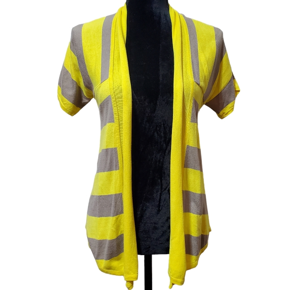 Piper & Blue | Women's Short Sleeve Cardigan Sweater Yellow and Gray Striped M